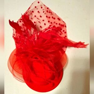 ``RH25911 Red Mini Hat Fascinator with Feathers & Flower